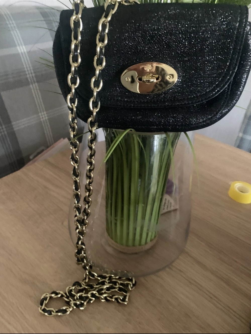 Mulberry Black Glitter Crossbody with Gold Chain